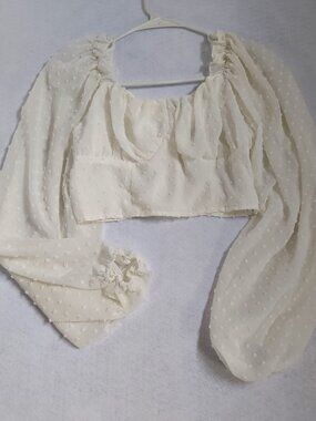 Shein White Puff Sleeve Crop Top Swiss Dot OnNOff Shoulder Size S